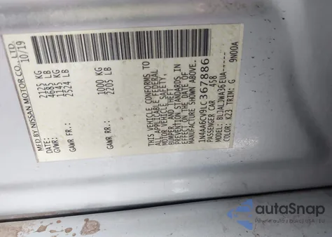 2020 Nissan Maxima Sv Xtronic Cvt z USA, uszkodzony, nr VIN 1N4AA6CV9LC367886